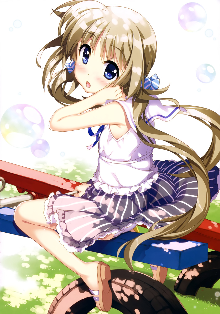 1girl :o absurdres ass bare_legs blue_eyes blue_ribbon blue_skirt blush brown_footwear bubble candy_hair_ornament child corona_timir eyebrows_visible_through_hair eyes_visible_through_hair flat_chest food_themed_hair_ornament frilled_shirt frilled_skirt frills fujima_takuya grass hair_ornament hand_in_hair highres layered_skirt looking_at_viewer low_twintails lyrical_nanoha mahou_shoujo_lyrical_nanoha_vivid neck_ribbon official_art open_mouth panties pantyshot pantyshot_(sitting) ribbon sailor_collar sandals scan seesaw shiny shiny_skin shirt sitting skindentation skirt sleeveless sleeveless_shirt solo striped tongue twintails underwear vertical-striped_skirt vertical_stripes wheel white_background white_frills white_panties white_sailor_collar white_shirt white_skirt wind wind_lift