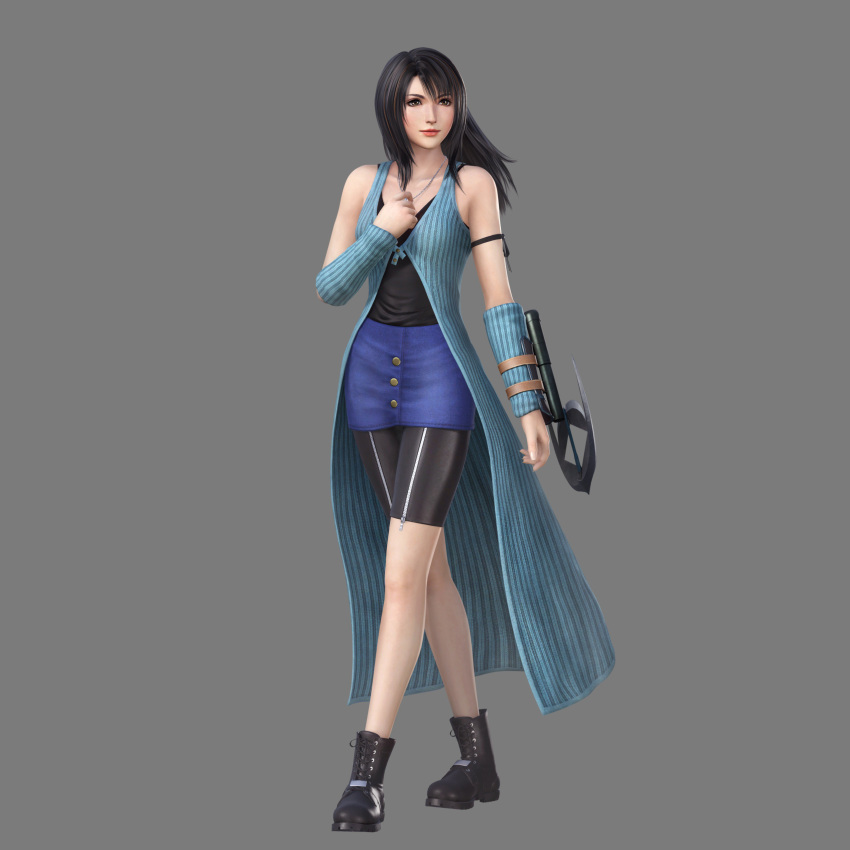 1girl 3d absurdres arm_ribbon arm_warmers bare_shoulders bike_shorts bike_shorts_under_skirt black_hair black_ribbon black_shorts blue_skirt brown_eyes brown_hair buttons cg cross-laced_footwear denim denim_skirt dissidia_final_fantasy dissidia_final_fantasy_nt female final_fantasy final_fantasy_viii full_body grey_background highres holding holding_necklace long_hair looking_away miniskirt multicolored_hair necklace official_art ribbon rinoa_heartilly shoes shorts_under_skirt simple_background sleeveless sleeveless_duster smile solo square_enix standing two-tone_hair weapon zipper