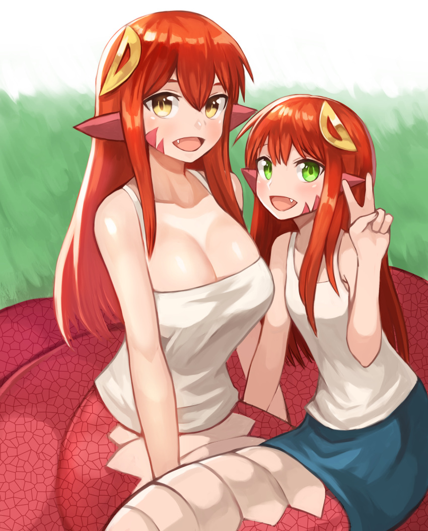 2girls :d absurdres breasts cherry_(snekfag) commission fang green_eyes hair_between_eyes hair_ornament hairclip highres lamia large_breasts long_hair looking_at_viewer miia_(monster_musume) monster_girl monster_musume_no_iru_nichijou mother_and_daughter multiple_girls open_mouth original pointy_ears redhead scales smile sookmo v yellow_eyes