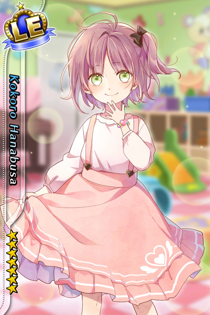 1boy blush child crossdressinging green_eyes hanabusa_kokoro highres i-chu looking_at_viewer male_focus official_art one_side_up pink_hair skirt smile solo trap younger