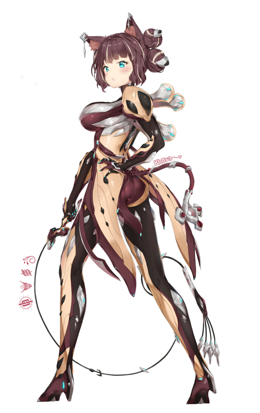 1girl animal_ears ass bangs blue_eyes blunt_bangs blush bodysuit breasts brown_hair cat_ears cat_tail character_name commentary double_bun eyebrows_visible_through_hair from_behind full_body glowing hand_on_hip high_heels highres holding_whip humanization khora_(warframe) large_breasts looking_at_viewer looking_back multicolored multicolored_bodysuit multicolored_clothes open_mouth personification pixel_(yuxian) purple_bodysuit shiny shiny_clothes shiny_hair short_hair simple_background solo standing tail warframe whip whisker_markings white_background