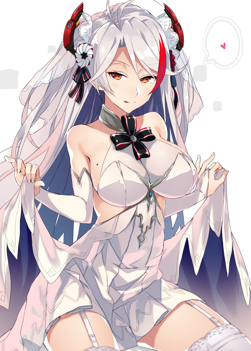 1girl :q alternate_costume antenna_hair azur_lane bangs bare_shoulders between_legs blush breasts bridal_gauntlets bridal_veil brown_eyes cleavage closed_mouth collarbone dress dress_lift eyebrows_visible_through_hair flower garter_straps gloves hair_between_eyes hair_ornament half-closed_eyes headgear heart highres iron_cross itsui_(dihydrogenmonoxid) large_breasts lifted_by_self long_hair looking_at_viewer mole mole_on_breast multicolored_hair nail_polish no_bra petals pink_nails prinz_eugen_(azur_lane) redhead see-through silver_hair smile solo standing thigh-highs thighs tongue tongue_out two_side_up veil very_long_hair wedding_dress white_dress white_flower white_gloves white_hair white_legwear