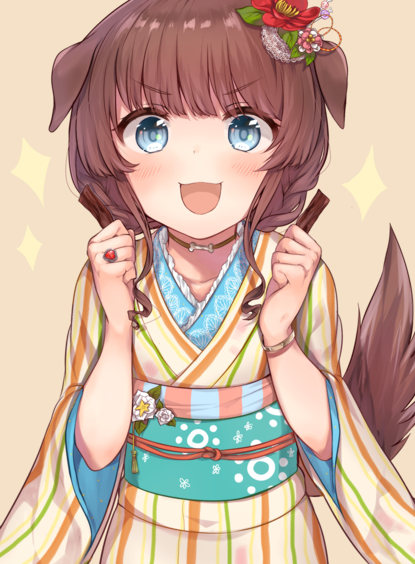 1girl 2018 :3 :d absurdres animal_ears blue_eyes blush bone bracelet brown_choker brown_hair choker clenched_hands commentary_request dog_ears dog_tail eyebrows_visible_through_hair flower hair_flower hair_ornament heart highres japanese_clothes jewelry kimono koretsuna long_hair looking_at_viewer multicolored multicolored_stripes open_mouth original ring smile standing striped striped_kimono tail upper_body v-shaped_eyebrows vertical_stripes