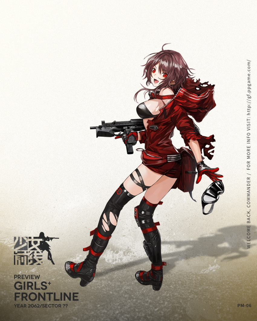 arm_strap ass asymmetrical_footwear bag bangs belt belt_boots black_bra black_choker black_legwear boots bra breasts buckle character_name choker cleavage clenched_hand clothes_writing collarbone copyright_name damaged eyebrows_visible_through_hair from_side full_body girls_frontline gloves goggles goggles_removed gun highres holding holding_gun holding_weapon hood hood_down infukun logo looking_at_viewer medium_breasts off_shoulder official_art open_mouth pink_hair pm-06 pm-06_(girls_frontline) reaching red_eyes red_jumpsuit shin_guards short_hair short_hair_with_long_locks short_jumpsuit sidelocks single_knee_boot single_knee_pad skindentation smile submachine_gun thigh-highs thigh_strap thighs torn_clothes trigger_discipline twisted_torso underwear wavy_hair weapon zipper