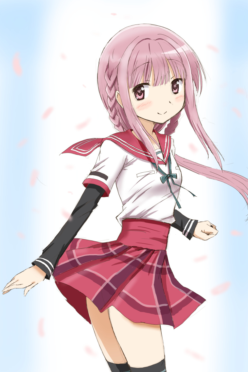 1girl absurdres black_legwear braid cowboy_shot eyebrows_visible_through_hair from_side hair_braid highres kinfuji long_hair looking_at_viewer magia_record:_mahou_shoujo_madoka_magica_gaiden mahou_shoujo_madoka_magica pink_eyes pink_hair pink_skirt plaid plaid_skirt school_uniform serafuku sidelocks single_braid skirt smile solo tamaki_iroha thigh-highs