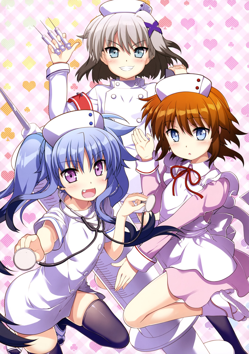 3girls :d absurdres apron black_legwear blue_eyes blue_hair blush breasts brown_hair clover diamond_(symbol) dress eyes_visible_through_hair fang frilled_apron frills fujima_takuya grin hair_between_eyes hair_ornament hands_up hat heart highres holding holding_syringe light_blue_eyes light_brown_hair looking_at_viewer lyrical_nanoha mahou_shoujo_lyrical_nanoha mahou_shoujo_lyrical_nanoha_a's mahou_shoujo_lyrical_nanoha_a's_portable:_the_gears_of_destiny mahou_shoujo_lyrical_nanoha_the_movie_3rd:_reflection material-d material-l material-s multicolored_hair multiple_girls neck_ribbon nurse nurse_cap official_art open_mouth parted_lips pink_dress pink_eyes plaid plaid_background red_ribbon ribbon scan shiny shiny_clothes shoes short_hair side_slit silver_hair small_breasts smile sneakers socks spade_(shape) stethoscope syringe thigh-highs twintails two-tone_hair white_apron white_dress white_footwear white_frills white_hat white_legwear white_sleeve_ends x_hair_ornament