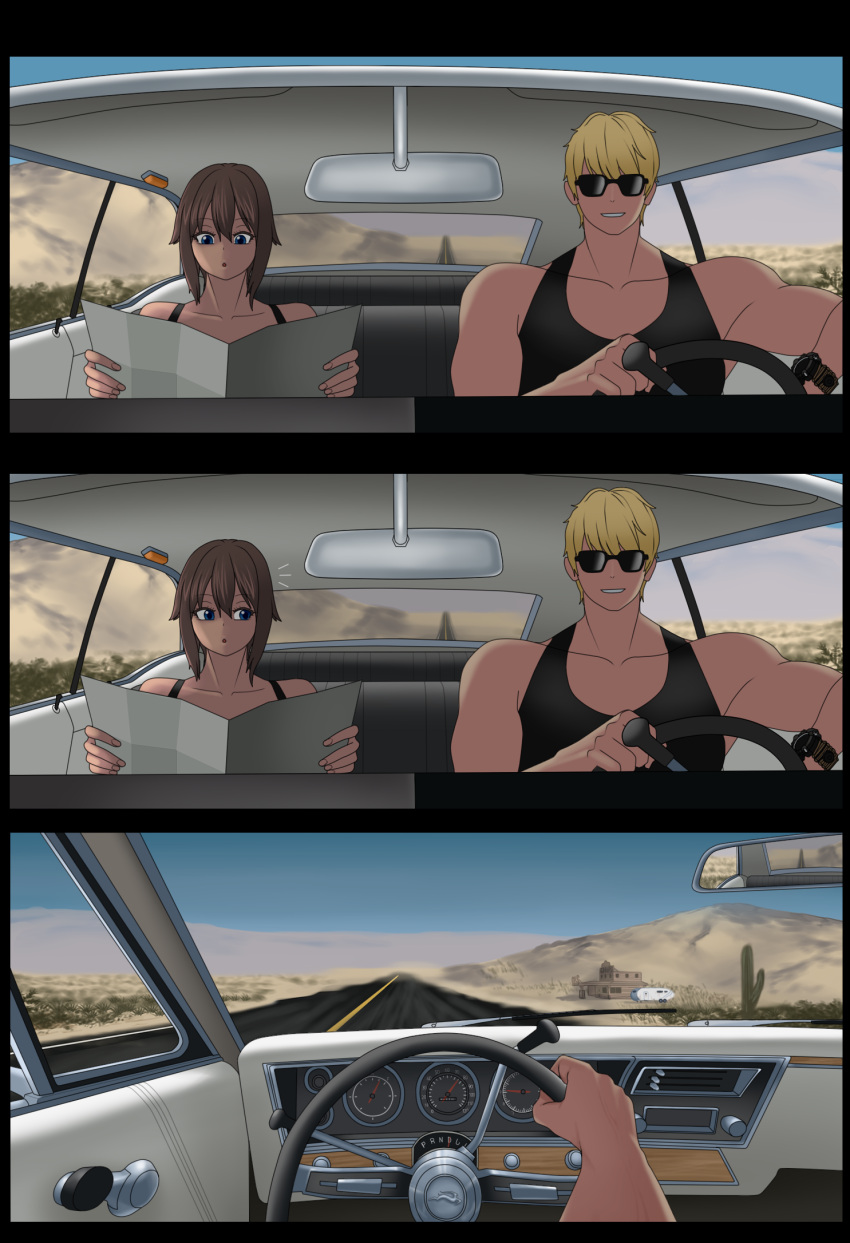 1boy 1girl black_shirt car comic dark_skin desert driving ground_vehicle highres indoors mk001black motor_vehicle original pov reading rear-view_mirror road self_upload shirt silent_comic sleeveless sunglasses tank_top vacation