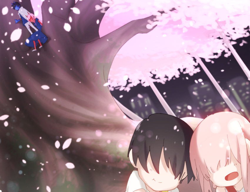 1boy 1girl bangs bare_shoulders black_hair blue_dress blue_horns blue_shirt blue_skin building cape cherry_blossoms collarbone commentary_request couple darling_in_the_franxx dress dual_persona hetero hiro_(darling_in_the_franxx) horns in_tree leje39 long_hair night night_sky no_eyes no_socks oni_horns open_mouth panties pants petals pink_hair red_horns red_skin. reincarnation shirt short_hair sitting sitting_in_tree sky sleeveless sleeveless_dress tree underwear white_cape white_footwear white_pants white_shirt younger zero_two_(darling_in_the_franxx)