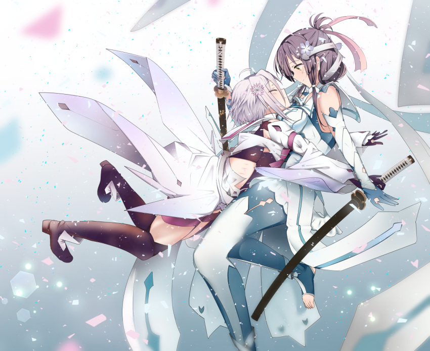 2girls 80mph ahoge brown_hair detached_sleeves dress green_eyes hair_ornament hug itomi_sayaka multiple_girls short_hair smile sword toji_no_miko weapon white_hair yanase_mai yuri