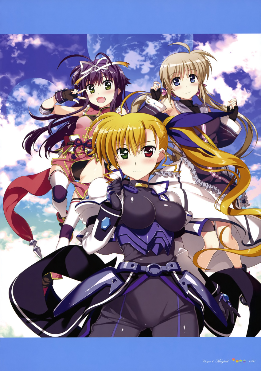 3girls :d absurdres armor bare_legs bare_shoulders belt black_bodysuit black_footwear black_gloves black_leotard black_shirt black_sleeve_ends blonde_hair blue_eyes blue_ribbon blue_sky blush bodysuit breasts candy_hair_ornament china_dress chinese_clothes clouds cloudy_sky corona_timir cropped_jacket day dress elbow_pads english eyebrows_visible_through_hair fang fingerless_gloves food_themed_hair_ornament framed_image frilled_dress frilled_shirt frilled_skirt frills fujima_takuya gloves gluteal_fold gradient_ribbon green_eyes grey_frills hair_between_eyes hair_ornament hair_ribbon heterochromia highres impossible_bodysuit impossible_clothes jacket juliet_sleeves large_breasts leg_up leotard light_blue_hair light_brown_hair long_hair long_skirt long_sleeves looking_at_viewer low_twintails lyrical_nanoha magical_girl multiple_girls official_art older open_mouth orange_ribbon outdoors page_number pigeon-toed pink_dress planet print_dress puffy_sleeves purple_hair purple_shirt red_eyes red_sash ribbon rio_wezley sash scan shirt side_ponytail skirt sky small_breasts smile thigh-highs twintails v vivid_strike! vivio white_frills white_jacket white_legwear white_ribbon white_skirt