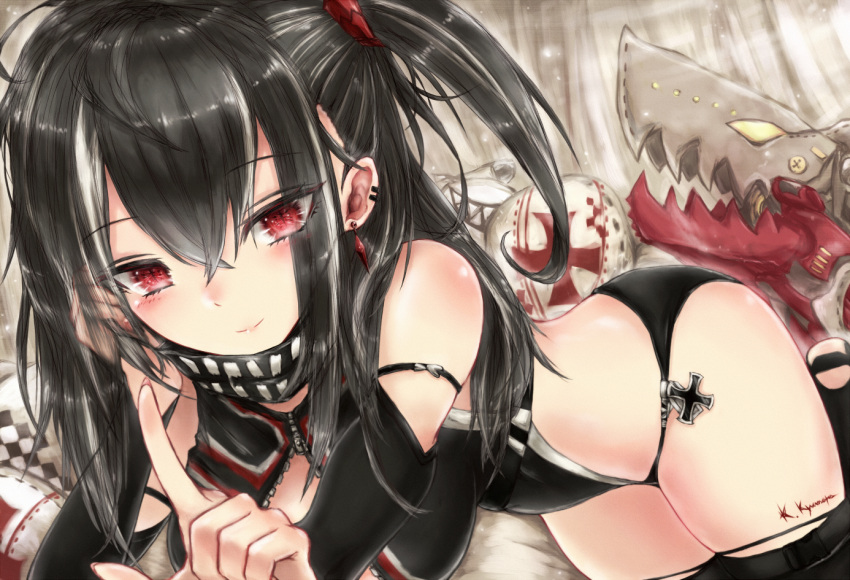 1girl ass azur_lane bangs black_hair blush breasts cleavage closed_mouth earrings elbow_gloves eyebrows_visible_through_hair eyes_visible_through_hair front_zipper_swimsuit gloves hair_between_eyes head_on_hand index_finger_raised iron_cross jewelry kyuumoto_kuku large_breasts long_hair looking_at_viewer lying machinery meme_attire multicolored_hair multiple_earrings one-piece_swimsuit one_side_up red_eyes rigging scarf sidelocks signature smile solo streaked_hair swimsuit thigh-highs thighs u-47_(azur_lane) unzipped white_hair