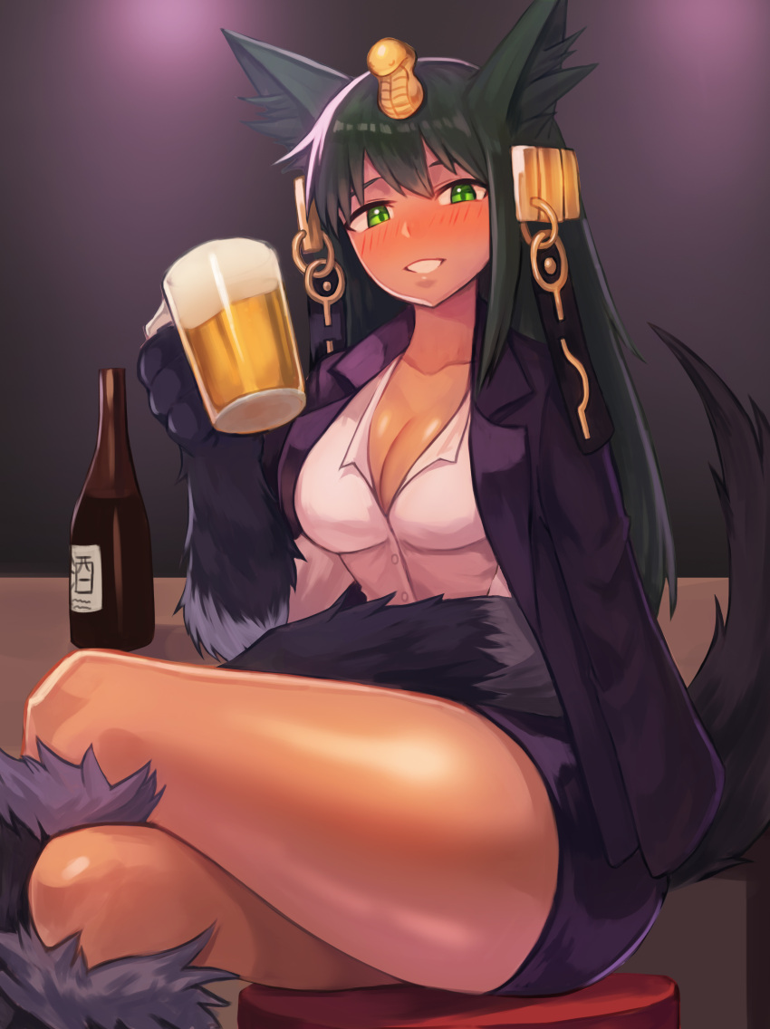 1girl :d absurdres alcohol alternate_costume animal_ears anubis_(monster_girl_encyclopedia) beer beer_mug blush bottle breasts cleavage collared_shirt commission drunk green_eyes hair_ornament hand_up highres holding jacket_on_shoulders large_breasts legs_crossed looking_at_viewer miniskirt monster_girl monster_girl_encyclopedia open_mouth paws pencil_skirt popped_collar purple_skirt sake_bottle shirt skirt smile snake_hair_ornament solo sookmo stool tail white_shirt wolf_ears wolf_tail