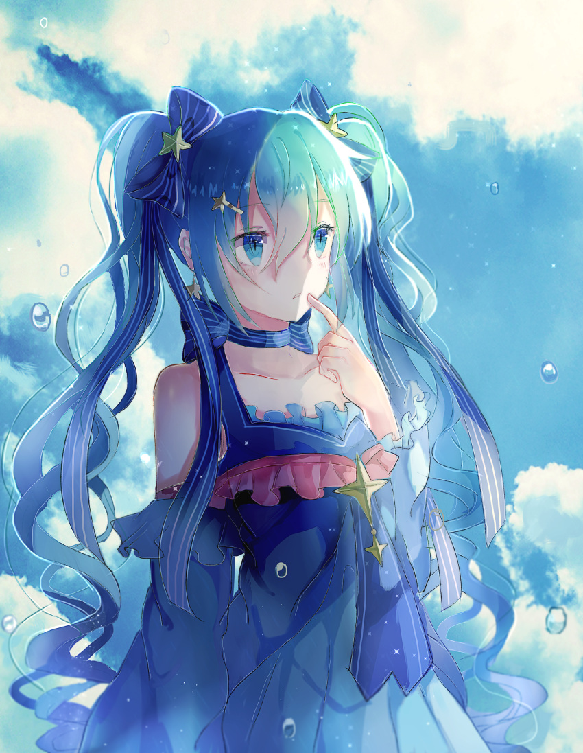 1girl absurdres blue_bow blue_dress blue_eyes blue_hair blue_ribbon bow choker clouds collarbone detached_sleeves dress eyebrows_visible_through_hair finger_to_mouth frilled_dress frills hair_between_eyes hair_bow hair_ornament hatsune_miku highres iceblue long_hair parted_lips pleated_dress ribbon ribbon_choker sleeveless sleeveless_dress solo star star_hair_ornament striped striped_bow striped_ribbon twintails upper_body very_long_hair vocaloid yuki_miku