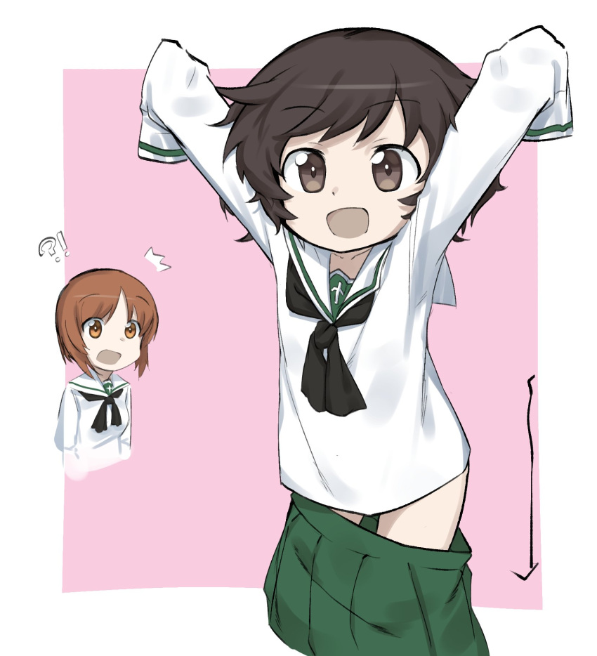 !? /\/\/\ akiyama_yukari arms_up bangs black_neckwear blouse brown_eyes brown_hair commentary cowboy_shot cropped_torso directional_arrow english_commentary eyebrows_visible_through_hair fankupl girls_und_panzer green_skirt highres long_sleeves looking_to_the_side messy_hair miniskirt neckerchief nishizumi_miho ooarai_school_uniform open_mouth outside_border oversized_clothes pink_background pleated_skirt school_uniform serafuku skirt skirt_pull sleeves_past_wrists smile standing surprised wardrobe_malfunction white_blouse younger