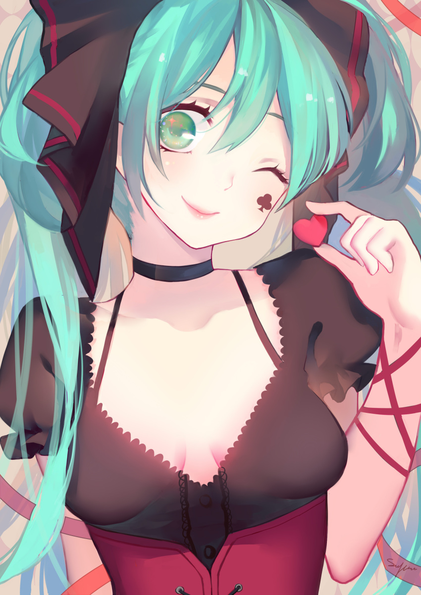 00s 1girl ;) absurdres black_shirt blue_hair breasts choker cleavage collarbone corset green_eyes hair_between_eyes hair_ornament hatsune_miku head_tilt heart highres long_hair medium_breasts one_eye_closed red_ribbon ribbon shirt short_sleeves slyvia smile solo twintails upper_body vocaloid wrist_ribbon