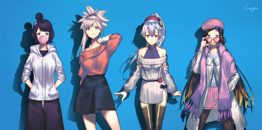 4girls alternate_costume alternate_hairstyle bangs bare_shoulders beret black_bow black_hair black_legwear black_skirt blonde_hair blue_background blue_eyes bow brown_hair collarbone dress fate/grand_order fate_(series) flower grey_eyes hair_between_eyes hair_bow hair_bun hair_flower hair_ornament hat high_ponytail highres hood hood_down katsushika_hokusai_(fate/grand_order) kibou long_hair long_sleeves looking_at_viewer miyamoto_musashi_(fate/grand_order) multicolored_hair multiple_girls off-shoulder_sweater osakabe-hime_(fate/grand_order) pink_hair pink_hat pink_skirt purple_bow purple_scarf red-framed_eyewear red_earrings red_eyes red_hairclip red_scrunchie red_sweater ribbed_dress ribbed_sweater scarf scrunchie short_hair silver_hair skirt sunglasses sweater thigh-highs tomoe_gozen_(fate/grand_order) tongue tongue_out very_long_hair violet_eyes white_flower white_sweater