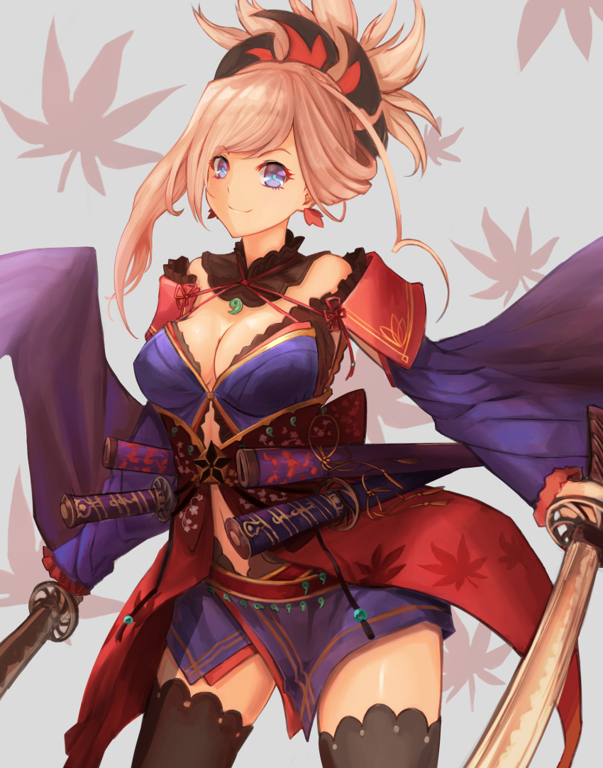 1girl absurdres bangs black_legwear blue_eyes blue_kimono breasts choker cleavage cowboy_shot detached_sleeves dual_wielding fate/grand_order fate_(series) grey_background hair_ornament highres holding holding_sword holding_weapon japanese_clothes katana kimono large_breasts leaf long_hair looking_at_viewer magatama_necklace maple_leaf midriff miyamoto_musashi_(fate/grand_order) navel_cutout parted_bangs ponytail sheath shinori_(efvbji6264) shiny shiny_skin short_kimono side_ponytail silver_hair sleeveless sleeveless_kimono smile solo standing stomach sword thigh-highs weapon