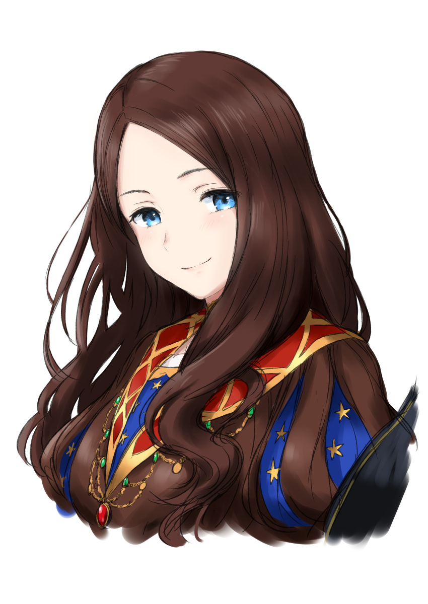1girl absurdres bangs blue_eyes brown_hair cropped_torso fate/grand_order fate_(series) highres laika_(sputnik2nd) leonardo_da_vinci_(fate/grand_order) long_hair looking_at_viewer parted_bangs portrait simple_background smile solo white_background