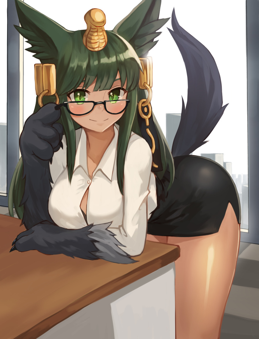 1girl absurdres alternate_costume animal_ears anubis_(monster_girl_encyclopedia) bent_over bespectacled black-framed_eyewear black_bra black_skirt blush bra bra_peek breasts closed_mouth collared_shirt commission day desk glasses green_hair green_neckwear hair_ornament highres indoors large_breasts long_hair long_sleeves looking_at_viewer miniskirt monster_girl monster_girl_encyclopedia paws pencil_skirt popped_button shirt skirt smile snake_hair_ornament solo sookmo standing tail underwear white_shirt window wing_collar wolf_ears wolf_tail