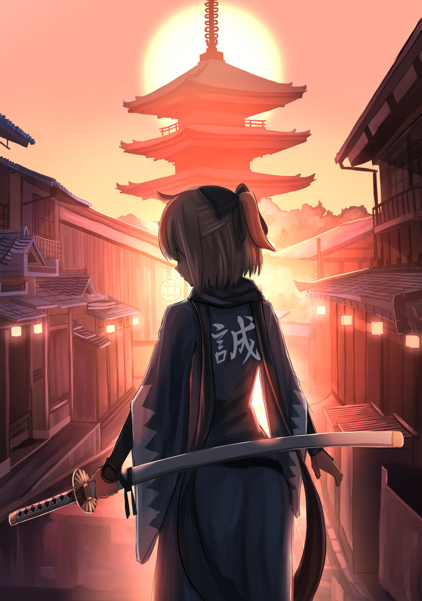 1girl absurdres architecture backlighting black_bow black_scarf blonde_hair bow dusk east_asian_architecture fate/grand_order fate_(series) from_behind hair_bow hair_over_eyes haori highres holding holding_sheath japanese_clothes okita_souji_(fate) okita_souji_(fate)_(all) outdoors pasoputi ponytail scarf sheath sheathed short_hair solo sun