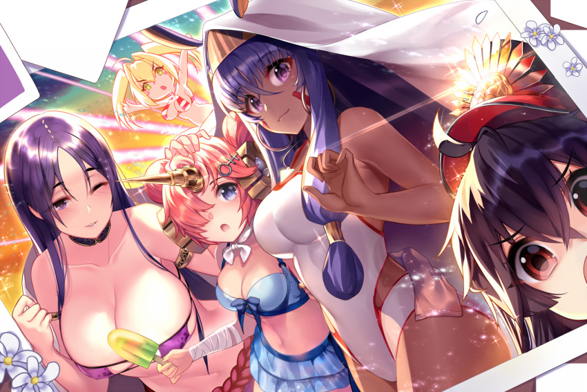 &gt;:o 5girls animal_ears armlet bandage bandaged_arm bandaged_leg bangs bead_bracelet beads bending_forward bikini bikini_skirt black_hair blanket blue_bikini blue_skirt bracelet breasts bun_cover collarbone competition_swimsuit cosplay cowboy_shot criss-cross_halter dark_skin deformed double_bun dutch_angle earrings eyepatch_bikini facial_mark fate/grand_order fate_(series) frankenstein's_monster_(fate) frankenstein's_monster_(swimsuit_saber)_(fate) gendo0032 green_eyes hair_intakes hair_ornament hair_over_one_eye hairclip halter_top halterneck hand_on_another's_head headgear hoop_earrings horn jackal_ears jewelry kotori_photobomb large_breasts long_hair looking_at_viewer low-tied_long_hair medium_breasts medjed medjed_(cosplay) midriff minamoto_no_raikou_(swimsuit_lancer)_(fate) multiple_girls nero_claudius_(fate)_(all) nero_claudius_(swimsuit_caster)_(fate) nitocris_(fate/grand_order) nitocris_(swimsuit_assassin)_(fate) oda_nobunaga_(fate) one-piece_swimsuit parted_bangs parted_lips photo_(object) photobomb pink_hair purple_bikini purple_hair red_bikini red_eyes short_hair side-tie_bikini single_detached_sleeve skirt striped striped_bikini swimsuit twintails upper_body very_long_hair violet_eyes waist white_swimsuit