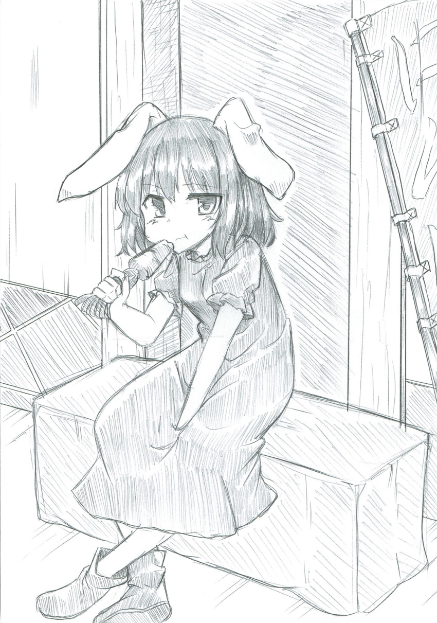 1girl animal_ears bangs between_legs blush boots carrot dress eating eyebrows_visible_through_hair frilled_shirt_collar frills full_body graphite_(medium) greyscale hand_between_legs highres inaba_tewi looking_at_viewer mahiro_(akino-suisen) medium_hair monochrome puffy_short_sleeves puffy_sleeves rabbit_ears short_sleeves sitting solo touhou traditional_media