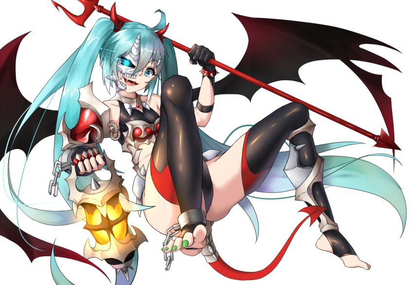 1girl :d ahoge aqua_hair asymmetrical_clothes blue_eyes broken broken_chain chains cuffs demon_girl demon_horns demon_tail demon_wings fang fingerless_gloves gala_king gloves glowing glowing_eye half_mask halloween hatsune_miku holding_lantern horns lantern light_trail long_hair looking_at_viewer open_mouth polearm shackles shiny shiny_clothes smile tail toeless_legwear trident twintails very_long_hair vocaloid weapon white_background wings