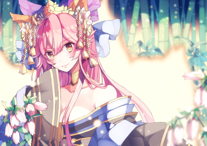 1girl animal_ears bamboo bamboo_forest bell blue_ribbon breasts cleavage collarbone crown fate/extra fate/grand_order fate_(series) flower forest fox_ears fox_tail hair_ribbon hiyunagi japanese_clothes jingle_bell large_breasts long_hair looking_at_viewer nature pink_hair ribbon solo tail tamamo_(fate)_(all) tamamo_no_mae_(fate) very_long_hair yellow_eyes