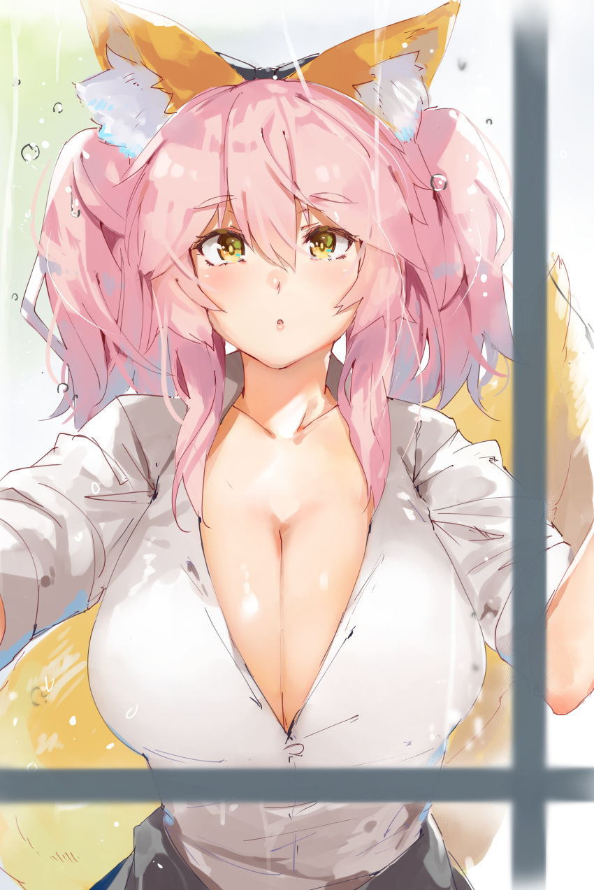 1girl absurdres alternate_costume animal_ears blush breasts cleavage clothes_around_waist collarbone denizen_tomo fate/extella fate/extra fate/grand_order fate_(series) fox_ears fox_tail highres jacket_around_waist large_breasts long_hair looking_at_viewer open_mouth pink_hair school_uniform shirt skirt solo tail tamamo_(fate)_(all) tamamo_jk_(fate) twintails type-moon unbuttoned yellow_eyes