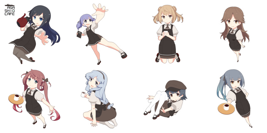 6+girls alternate_costume apron arare_(kantai_collection) arashio_(kantai_collection) asagumo_(kantai_collection) asashio_(kantai_collection) ascot ass back beret black_hair black_legwear black_ribbon black_skirt blonde_hair blue_eyes blue_hair braid breasts brown_eyes brown_hair brown_neckwear cafe coffee cup double_bun full_body green_hairband grey_eyes grey_eyes grey_hair hair_bun hair_ribbon hairband hat kantai_collection kasumi_(kantai_collection) kneehighs kneeling long_hair looking_at_viewer menu michishio_(kantai_collection) multiple_girls ooshio_(kantai_collection) pantyhose pleated_skirt pot puffy_short_sleeves puffy_sleeves ribbon shirt short_hair short_sleeves short_twintails side_ponytail silver_hair single_braid skirt small_breasts smile text_focus tray tun twintails waist_apron waitress wavy_hair white_background white_legwear white_shirt yamagumo_(kantai_collection) yellow_eyes