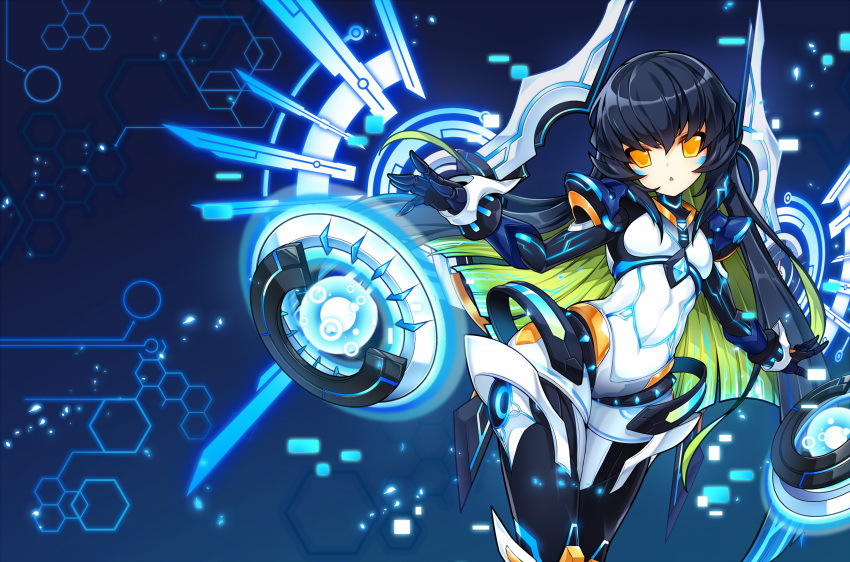 1girl armor code_maya cosplay costume_switch elsword energy_wings eve_(elsword) facial_mark highres laserdisc long_hair multicolored_hair navel open_mouth poseich solo two-tone_hair wings yellow_eyes