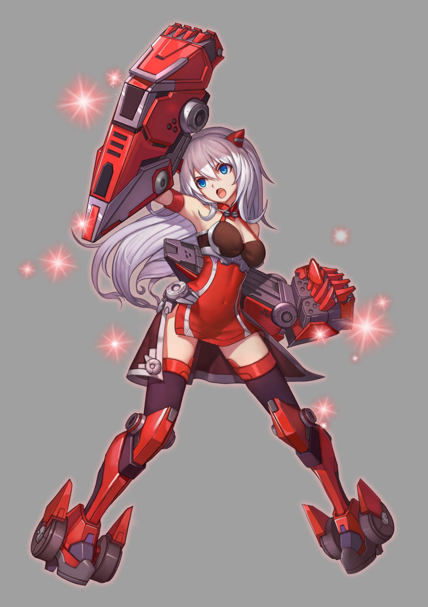 1girl absurdres bare_shoulders black_legwear blue_eyes bustier clenched_hand covered_navel dress full_body grey_background grey_hair halter_dress headgear highres long_hair mecha_musume open_mouth original red_dress seigo-hk short_dress side_slit solo sparkle thigh-highs very_long_hair zettai_ryouiki