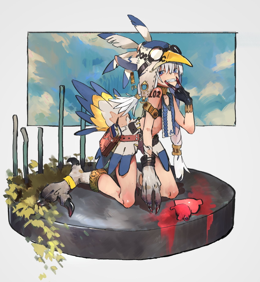 1girl bangs bare_shoulders bird_tail blood blue_eyes fangs feathers full_body goggles goggles_on_headwear grin hat heart_(organ) highres kneeling long_hair looking_at_viewer low_twintails number_tattoo original shoulder_tattoo smile solo tail talons tattoo twintails v white_hair you_(nanban319)