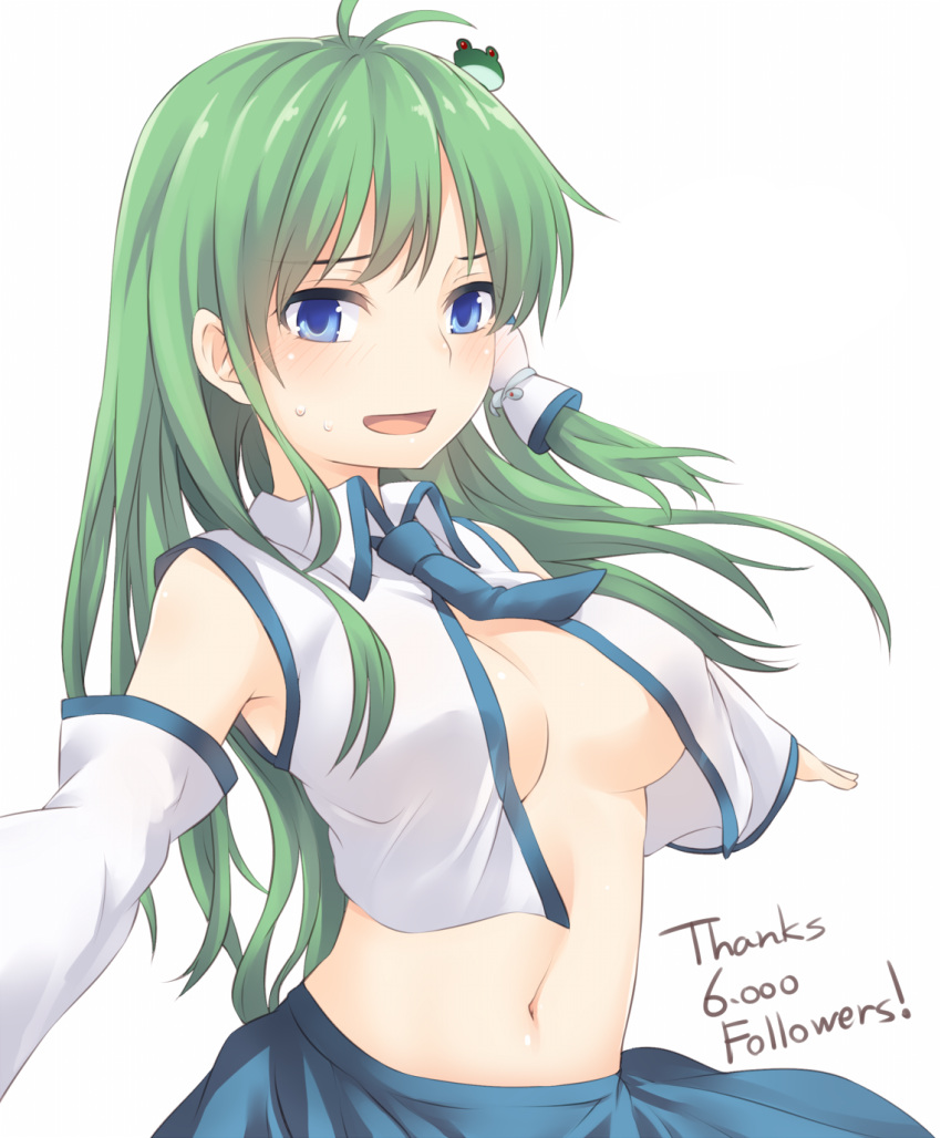 1girl :d ascot bare_shoulders blue_eyes blue_neckwear blue_skirt blush breasts commentary_request detached_sleeves frog_hair_ornament green_hair hair_ornament hair_tubes highres kochiya_sanae long_hair long_sleeves looking_at_viewer medium_breasts miyo_(ranthath) navel open_mouth outstretched_arms shirt simple_background skirt smile snake_hair_ornament solo stomach sweat thank_you touhou upper_body white_background white_shirt wide_sleeves wing_collar