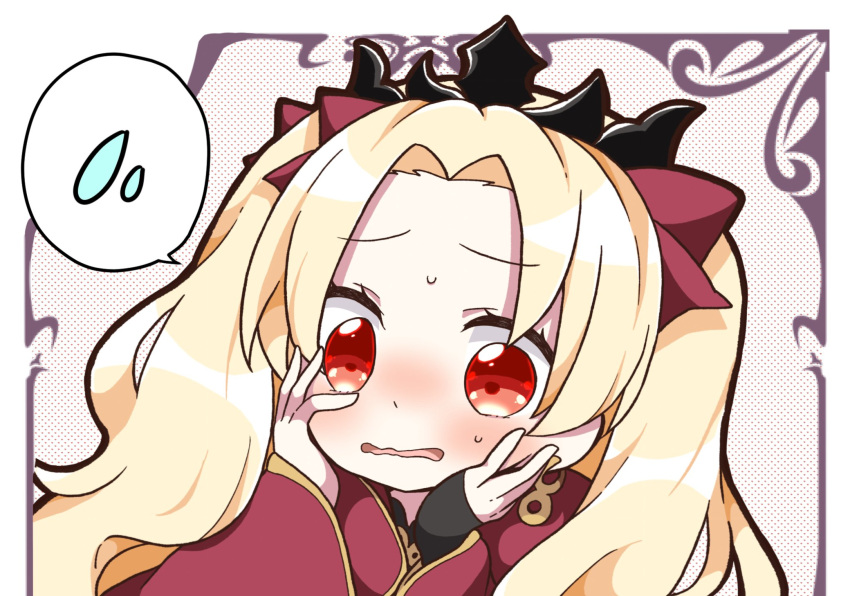 1girl bangs blonde_hair blush bow cape commentary_request earrings ereshkigal_(fate/grand_order) eyebrows_visible_through_hair fate/grand_order fate_(series) forehead hair_bow hands_on_own_cheeks hands_on_own_face highres infinity jako_(jakoo21) jewelry long_hair long_sleeves parted_bangs red_bow red_cape red_eyes sleeves_past_wrists solo spoken_flying_sweatdrops sweat tiara two_side_up very_long_hair