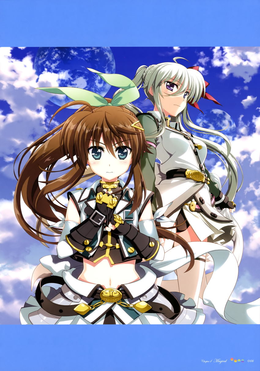 2girls absurdres ahoge aqua_eyes armor belt black_gloves black_leotard black_shirt black_stripes blue_eyes blue_sky bow braid breasts brown_hair clenched_hand clouds cloudy_sky collared_jacket crop_top day einhart_stratos elbow_gloves english eyebrows_visible_through_hair fingerless_gloves framed_image french_braid fujima_takuya fuuka_reventon gloves green_hair green_jacket green_ribbon green_skirt hair_between_eyes hair_bow hair_ornament hair_ribbon hairclip heterochromia highres jacket leotard looking_at_viewer lyrical_nanoha magical_girl medium_breasts midriff multiple_girls official_art outdoors overskirt page_number planet pleated_skirt ponytail red_bow ribbon scan shirt single_stripe skirt sky sleeveless sleeveless_jacket sleeveless_shirt standing thigh-highs twintails violet_eyes vivid_strike! white_gloves white_jacket white_legwear yellow_hairclip