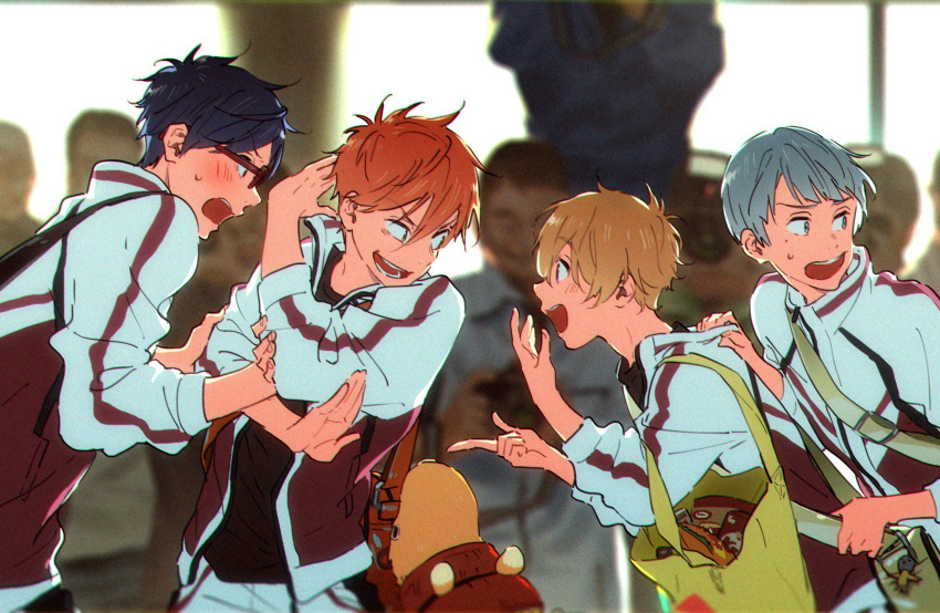 4boys backpack bag blonde_hair blue_hair blush free! glasses hana_bell_forest hand_on_another's_shoulder hazuki_nagisa highres jacket looking_at_another looking_to_the_side male_focus mikoshiba_momotarou multiple_boys nitori_aiichirou open_mouth pointing pose redhead ryuugazaki_rei silver_hair smile tote_bag