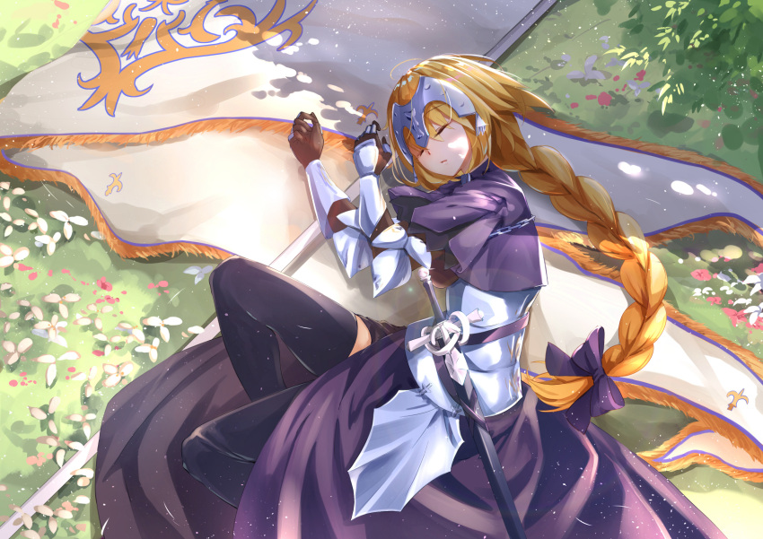 armor armored_dress banner black_hair black_legwear bow braid closed_eyes day dress eyebrows_visible_through_hair faicha fate/apocrypha fate_(series) from_above gauntlets hair_between_eyes hair_bow highres jeanne_d'arc_(fate) jeanne_d'arc_(fate)_(all) long_hair low-tied_long_hair lying on_side outdoors parted_lips ponytail purple_bow purple_dress sheath sheathed single_braid sleeping sword thigh-highs very_long_hair weapon