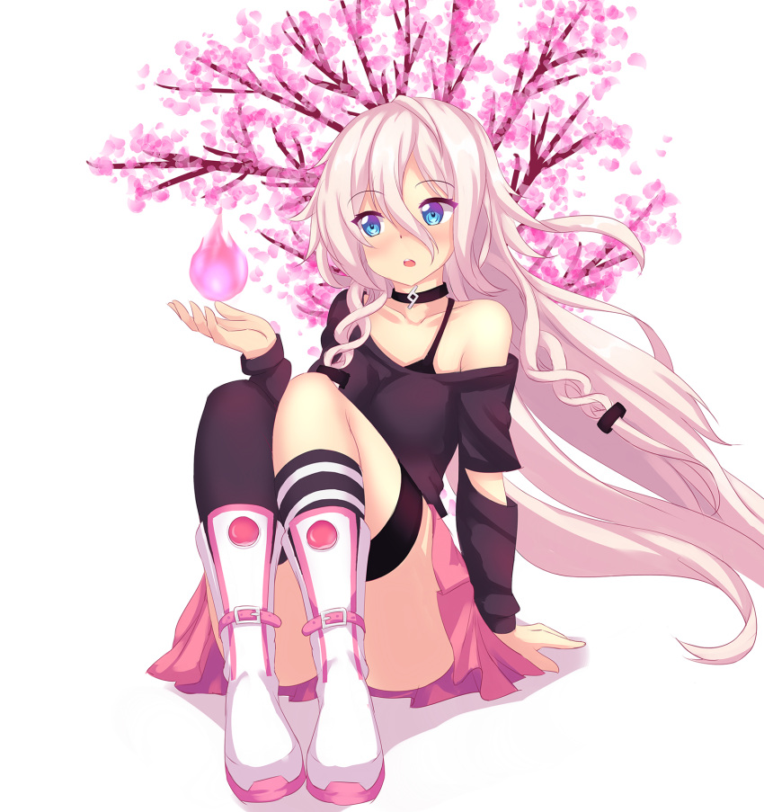 1girl asymmetrical_legwear blue_eyes blush braid cherry_blossoms choker eyebrows_visible_through_hair fast-runner-2024 fireball highres ia_(vocaloid) long_hair mismatched_legwear off_shoulder open_mouth pink_hair pink_skirt pleated_skirt single_thighhigh sitting skirt solo tank_top thigh-highs thigh_strap twin_braids very_long_hair vocaloid wind