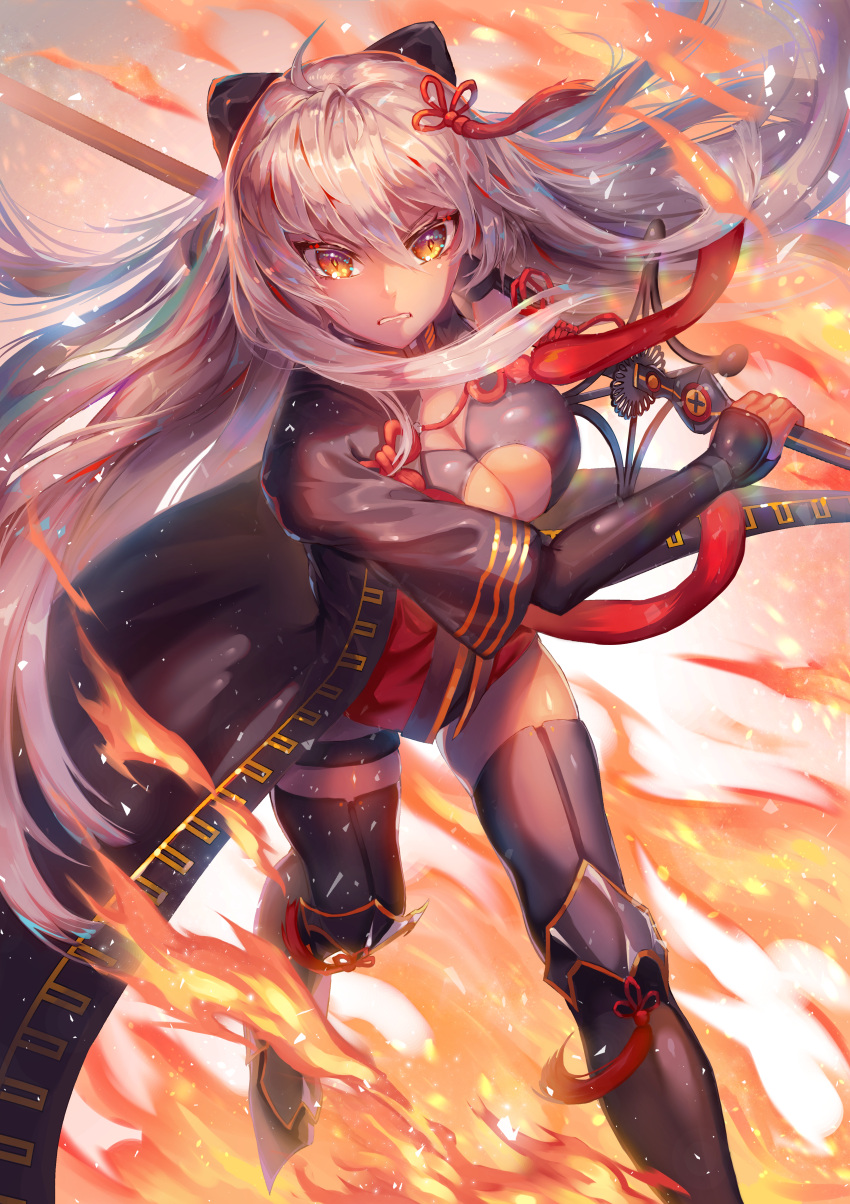 1girl absurdres bangs black_bow bow breasts cleavage dark_skin dress fate/grand_order fate_(series) fire hair_between_eyes hair_bow hair_ornament highres holding holding_sword holding_weapon huge_filesize katana large_breasts long_hair okita_souji_(alter)_(fate) okita_souji_(fate)_(all) raymond_busujima shiny shiny_skin short_dress silver_hair skindentation solo sword tassel weapon yellow_eyes