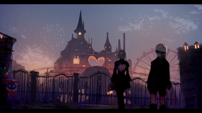 1boy 1girl aerial_fireworks amusement_park black_dress black_footwear black_hairband black_legwear black_shorts boots castle clouds commentary dress english_commentary facing_away fence ferris_wheel fireworks hairband heart highres knee_boots kumamoto_nomii-kun long_sleeves nier_(series) nier_automata outdoors pantyhose short_hair short_shorts shorts silver_hair sky tower yorha_no._2_type_b yorha_no._9_type_s