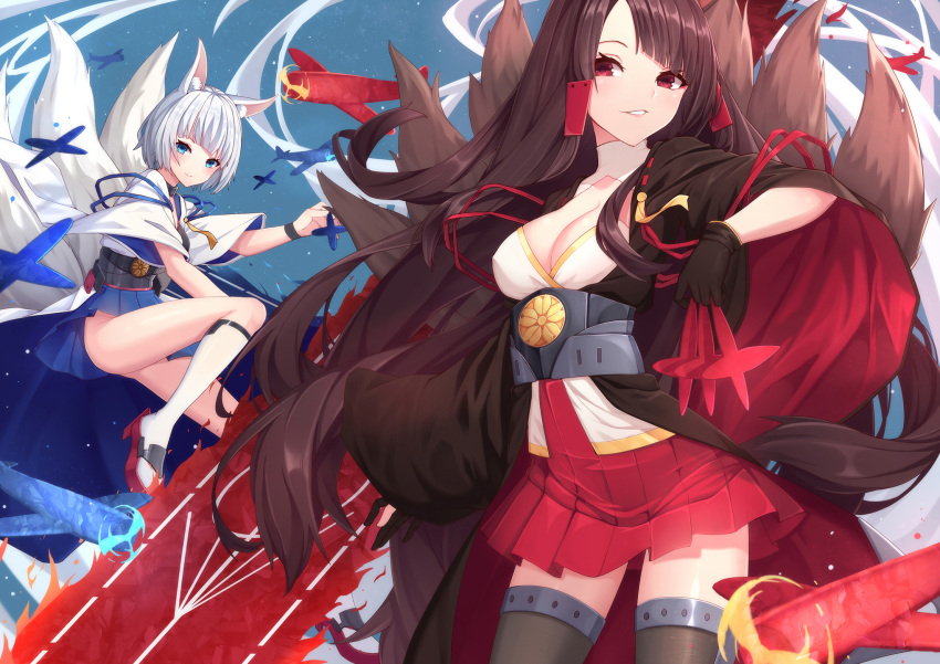 2girls aircraft airplane akagi_(azur_lane) animal_ears azur_lane bangs black_gloves black_kimono black_legwear blue_eyes blue_skirt blunt_bangs blush bob_cut breasts brown_hair chinese_commentary cleavage closed_mouth collar commentary_request cowboy_shot flight_deck floating_hair fox_ears fox_tail full_body gloves hair_ornament hakama_skirt head_tilt highres holding japanese_clothes kaga_(azur_lane) kimono kitsune knee_up kneehighs kyuubi large_breasts light_particles long_hair long_sleeves looking_at_viewer makeup multiple_girls multiple_tails obi outstretched_arm parted_lips partly_fingerless_gloves red_eyes red_skirt ribbon_trim sash shikigami short_hair skirt smile standing swept_bangs tail thigh-highs underbust very_long_hair white_hair white_kimono white_legwear wide_sleeves wind wind_lift yan_mian zettai_ryouiki