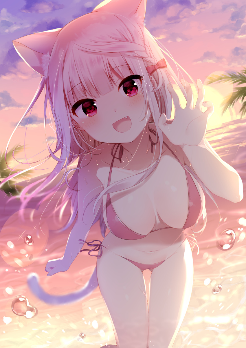 1girl :d animal_ears bangs bikini blurry blurry_background blush bow braid breasts breasts_apart cat_ears cat_girl cat_tail claw_pose clouds cloudy_sky collarbone commentary_request depth_of_field dutch_angle eyebrows_visible_through_hair fang gluteal_fold hair_bow halter_top halterneck hand_up head_tilt highres horizon leaning_forward long_hair mafuyu_(chibi21) medium_breasts navel ocean open_mouth original pink_bikini pink_hair red_bow red_eyes side-tie_bikini side_braid sky smile solo standing sun sunset swimsuit tail thigh_gap very_long_hair water water_drop