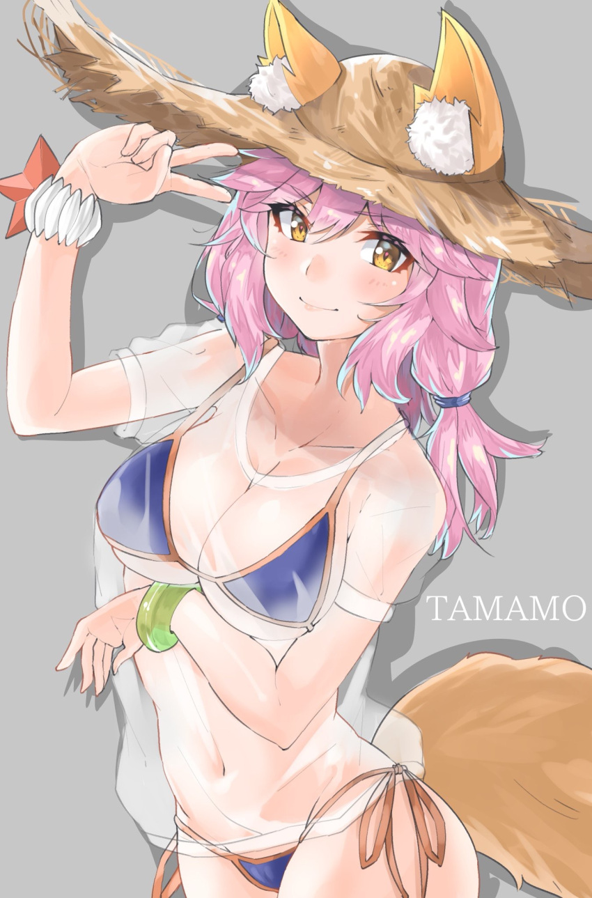 1girl animal_ears bikini blue_bikini bracelet breast_hold breasts brown_hair brown_hat character_name cleavage closed_mouth commentary_request ears_through_headwear eyebrows_visible_through_hair fate/grand_order fate_(series) fox_ears fox_tail hair_tie hat highres jewelry long_hair looking_at_viewer medium_breasts navel pink_hair see-through shignonpencil shirt short_sleeves side-tie_bikini smile solo standing star straw_hat sun_hat swimsuit t-shirt tail tamamo_(fate)_(all) tamamo_no_mae_(fate) tamamo_no_mae_(swimsuit_lancer)_(fate) v yellow_eyes