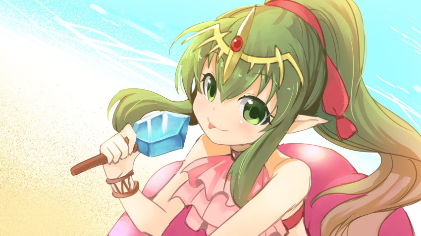 1girl bare_shoulders beach chiki day fire_emblem fire_emblem:_mystery_of_the_emblem fire_emblem_heroes food green_eyes green_hair hair_ribbon highres long_hair mamkute nakabayashi_zun pink_swimsuit pointy_ears ponytail popsicle red_ribbon ribbon sand solo swimsuit tiara tongue tongue_out water