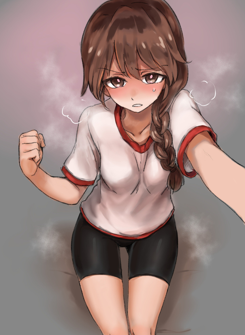 1girl absurdres aomushi_(mushamusha) bangs bike_shorts black_shorts blush braid breath brown_eyes brown_hair clenched_hand commentary cosplay foreshortening girls_und_panzer gym_shirt gym_uniform hair_over_shoulder highres isobe_noriko isobe_noriko_(cosplay) long_hair looking_at_viewer parted_lips reaching_out rukuriri self_shot shirt short_shorts short_sleeves shorts single_braid sitting solo steam sweatdrop t-shirt thigh_gap white_shirt