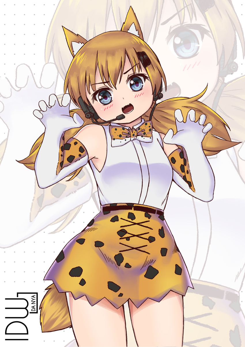 1girl :3 adapted_costume animal_ears bare_shoulders belt blonde_hair blue_eyes blush bow bowtie cat_ears cat_tail check_commentary claw_pose collared_shirt commentary commentary_request cowboy_shot elbow_gloves eyebrows_visible_through_hair fangs fusion girls_frontline gloves headset high-waist_skirt highres idw_(girls_frontline) kemono_friends low_twintails open_mouth persocon93 serval_(kemono_friends) serval_print shirt short_hair skirt sleeveless solo tail twintails