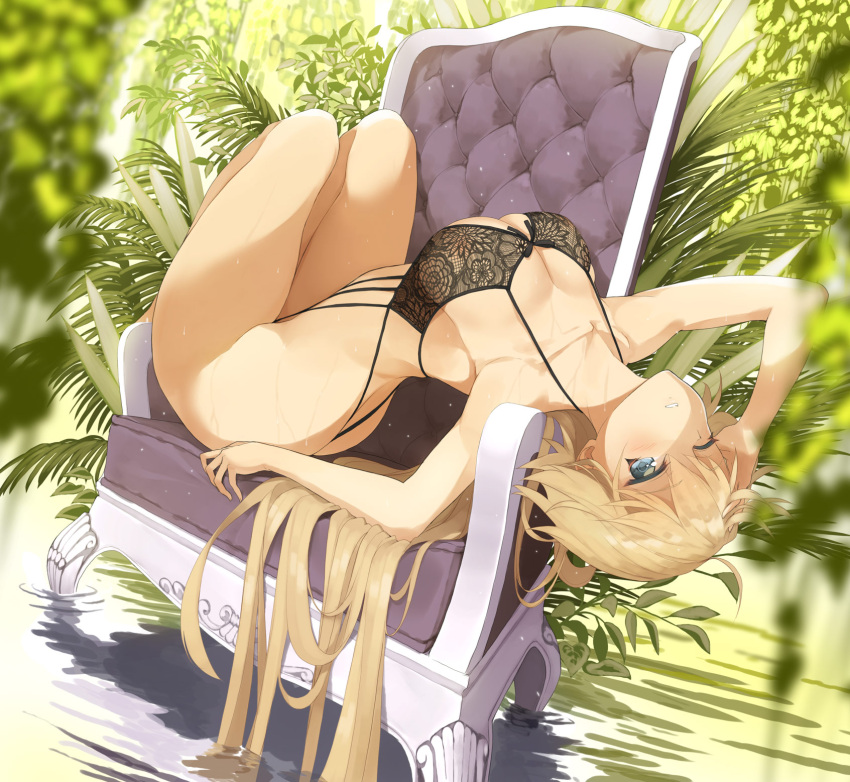 1girl ahoge arched_back arm_up armchair blonde_hair blue_eyes blurry blush breasts chair cleavage collarbone depth_of_field dutch_angle eyebrows_visible_through_hair fate/grand_order fate_(series) hand_in_hair highres jeanne_d'arc_(fate) jeanne_d'arc_(fate)_(all) large_breasts lingerie long_hair looking_at_viewer lying on_back one_eye_closed parted_lips solo sweat throtem underwear underwear_only very_long_hair water
