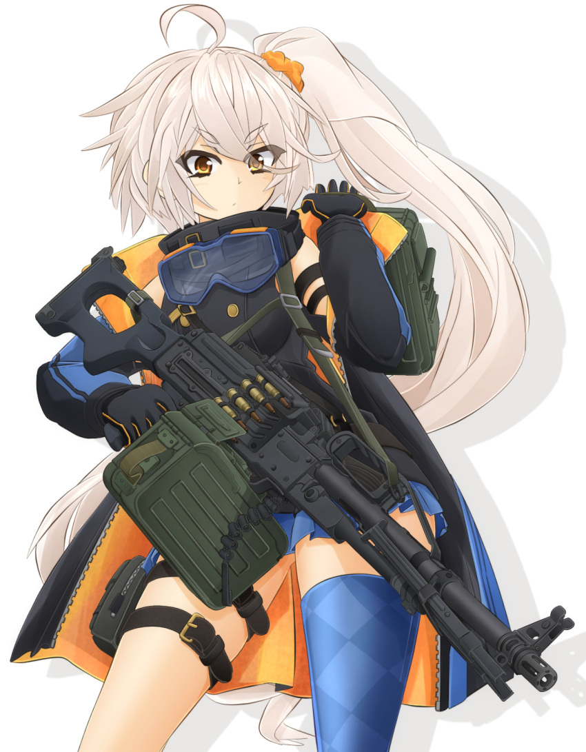 1girl ahoge ammunition_belt armlet bangs black_gloves black_shirt blue_coat blue_legwear blue_skirt carrying case checkered checkered_legwear closed_mouth commentary_request cowboy_shot eyebrows_visible_through_hair eyes_visible_through_hair frown girls_frontline gloves goggles gun hair_between_eyes highres holding ichigotofu long_hair long_sleeves looking_at_viewer machine_gun miniskirt pkp_(girls_frontline) pleated_skirt shadow shirt side_ponytail silver_hair simple_background single_thighhigh skirt sleeveless sleeveless_shirt solo standing thigh-highs thigh_strap v-shaped_eyebrows very_long_hair weapon weapon_request white_background yellow_eyes