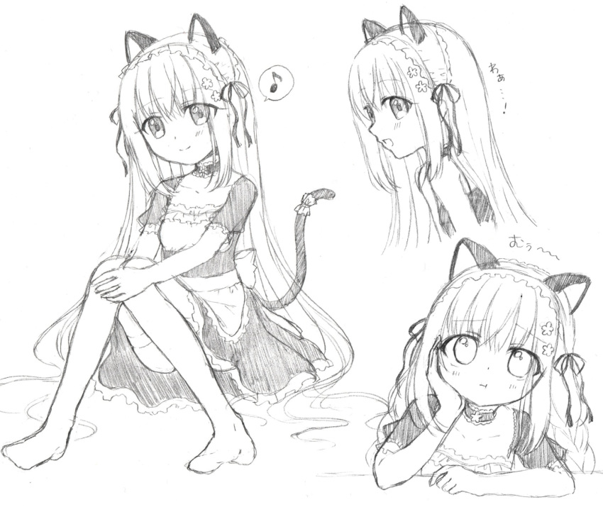 1girl :d :t animal_ears apron arm_support arm_up bangs blush braid cat_ears cat_girl cat_tail choker closed_mouth collarbone dress eighth_note eyebrows_visible_through_hair greyscale hair_between_eyes hair_ribbon highres knees_together_feet_apart long_hair maid monochrome multiple_views musical_note no_shoes open_mouth original pout ribbon riria_(happy_strawberry) short_sleeves sitting sketch smile spoken_musical_note tail tail_garter tail_raised thigh-highs very_long_hair waist_apron
